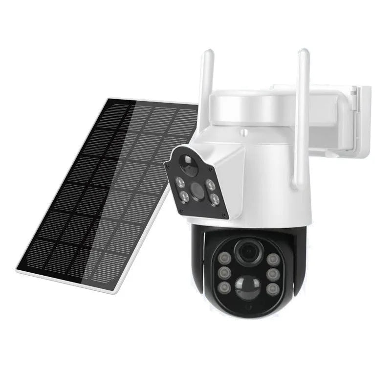 White outdoor solar security camera with attached solar panel for wireless home surveillance