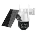 White outdoor solar security camera with attached solar panel for wireless home surveillance