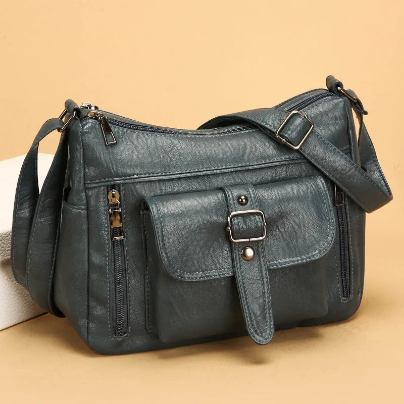Retro large capacity soft PU leather shoulder messenger bag in brown, 27x20x10cm, with sandwich pocket