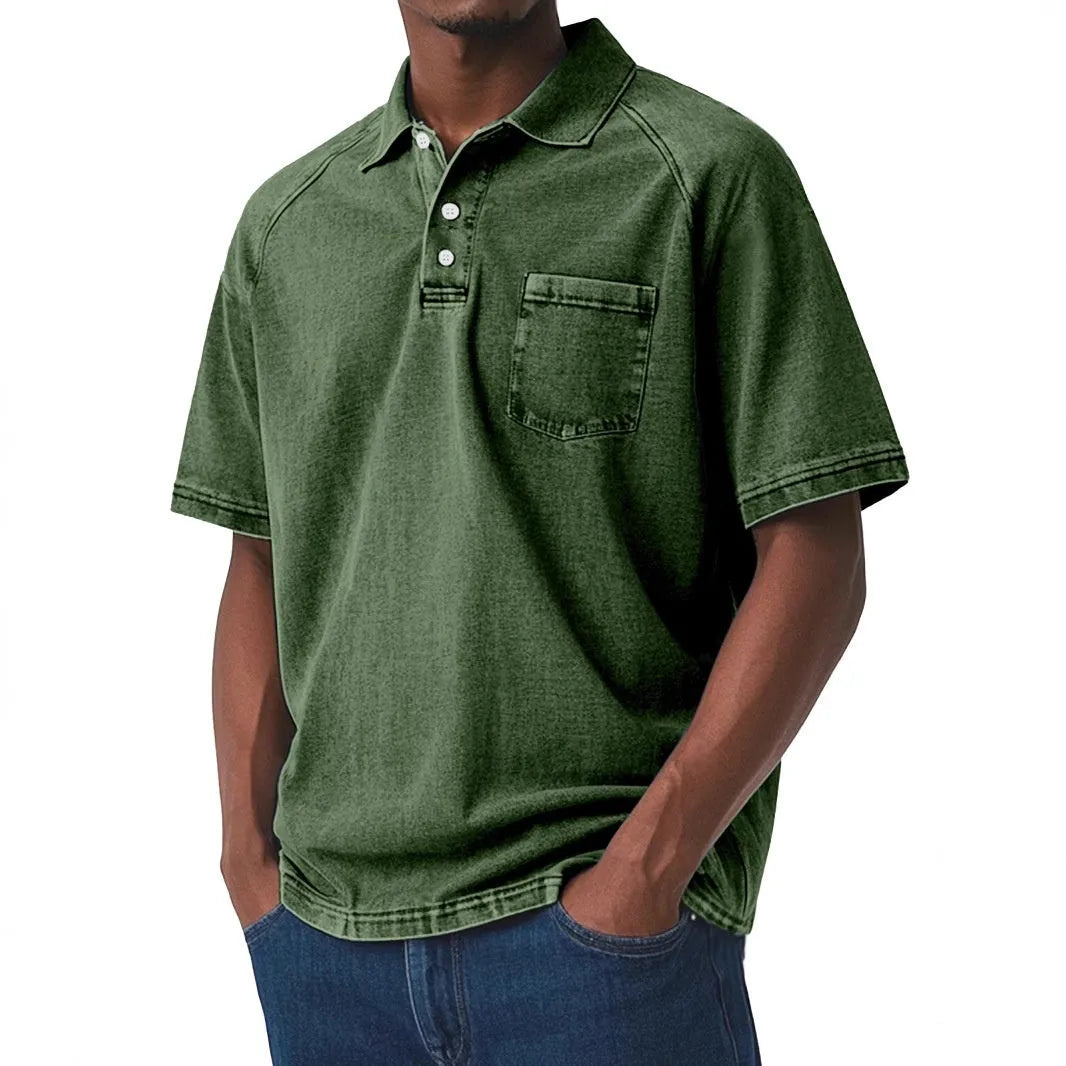 Plus size man wearing a printed short sleeve shirt in Korean style, showing slim fit.