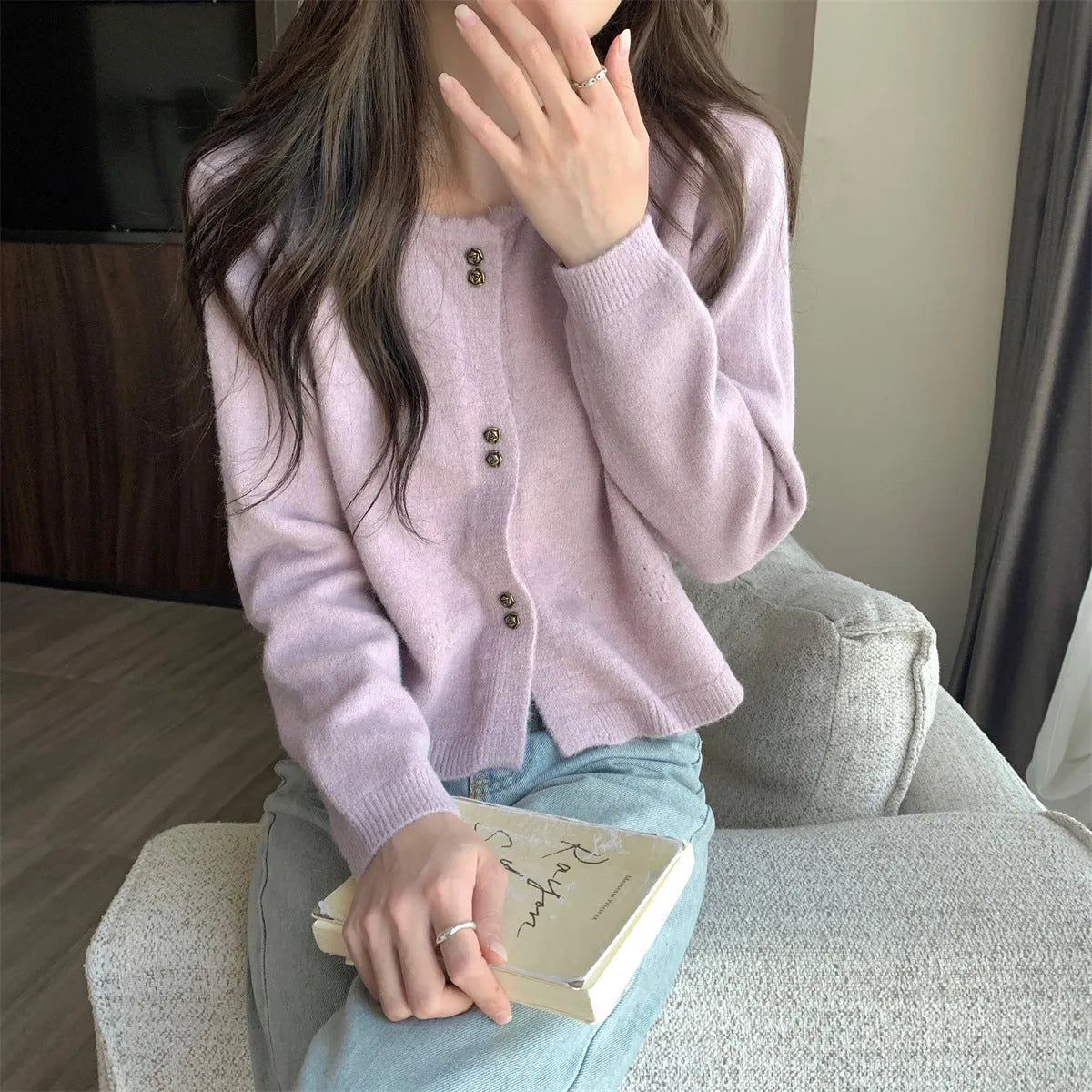 Women's acrylic fibre cardigan with long sleeves in multiple colour options