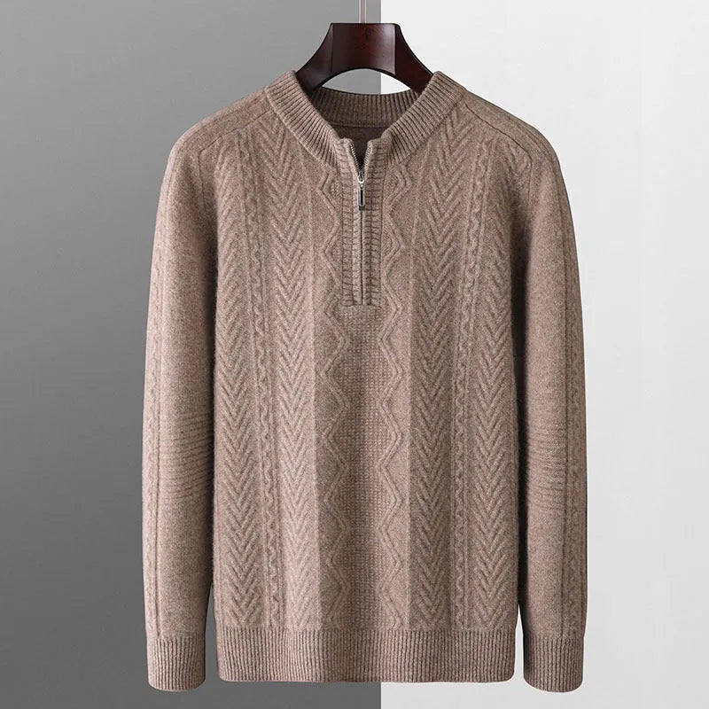 Men's grey pure wool half-zip sweater with diamond lattice pattern, loose fit, long sleeves.