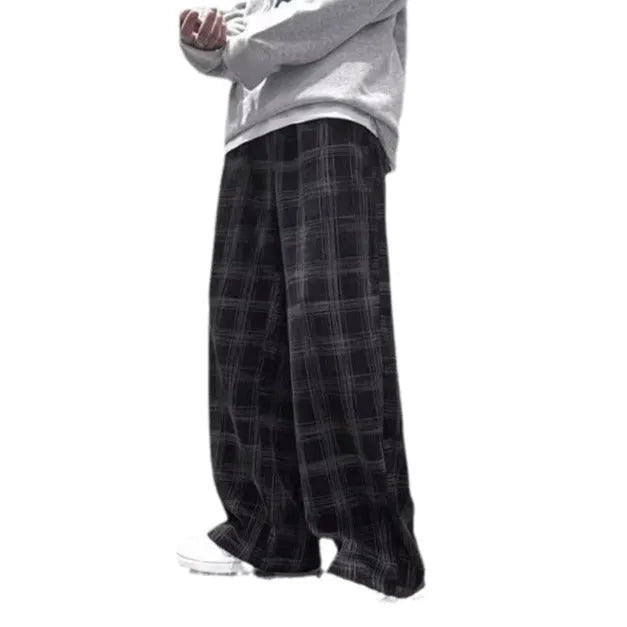 Men's black plaid loose fit straight leg casual trousers with Japanese-inspired design