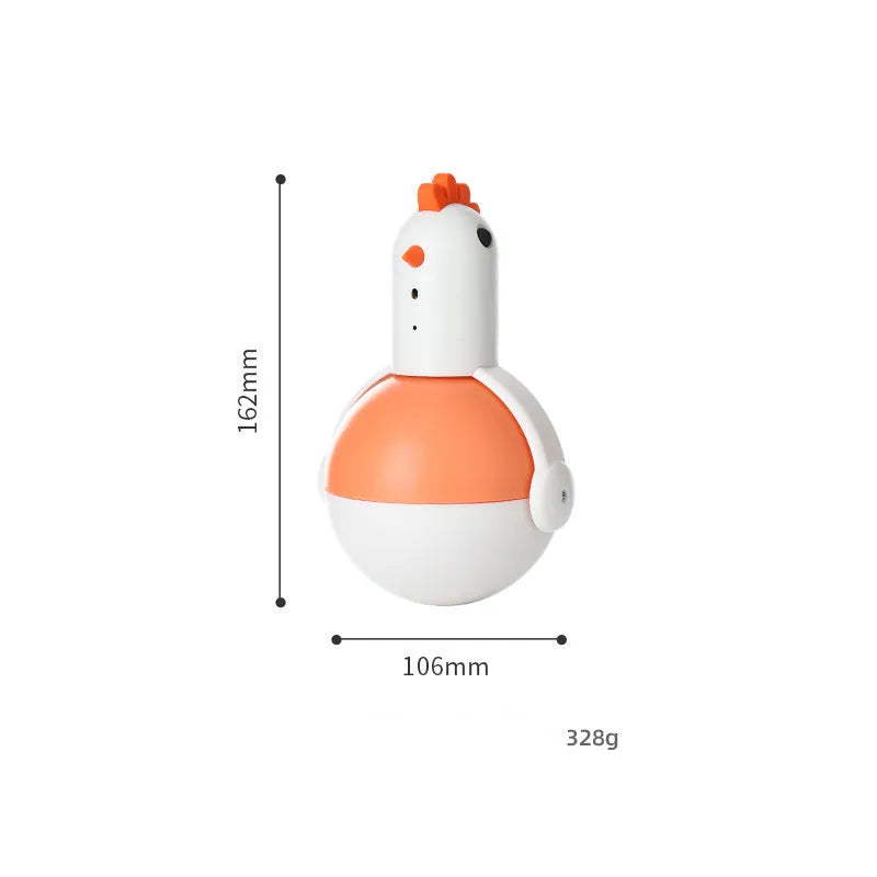 Green or orange electric cat toy chicken with laser and sound features on flat surface