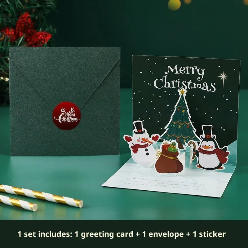 Three-dimensional blessing greeting card in fresh style, handmade from cardboard, with fold design on a flat surface