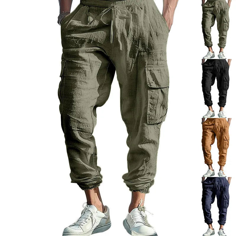 Man wearing khaki linen casual trousers with ankle-tied legs and multiple pockets.
