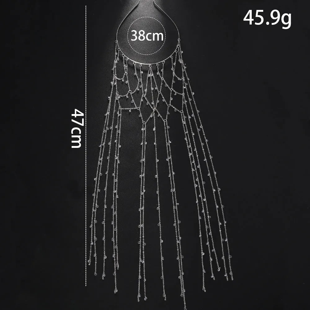 Gold or silver electroplated mesh rhinestone headband with tassel decoration