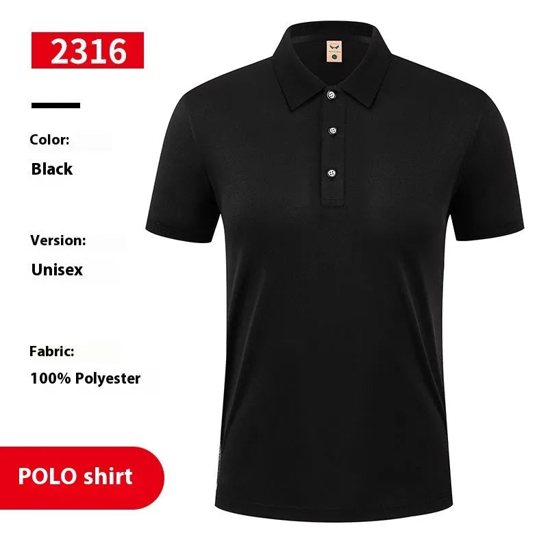 Short sleeve ice silk polo shirt on a hanger, shown in a solid colour with an advertising logo pattern.