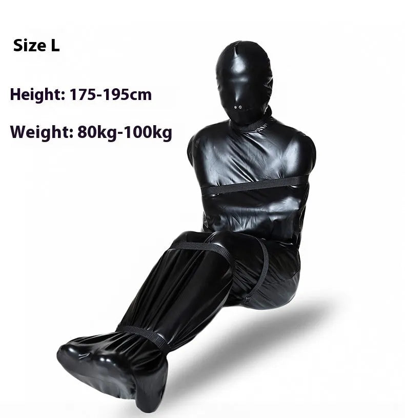 Black patent leather bondage set showing full-coverage body wrap and six ratchet tie-down straps