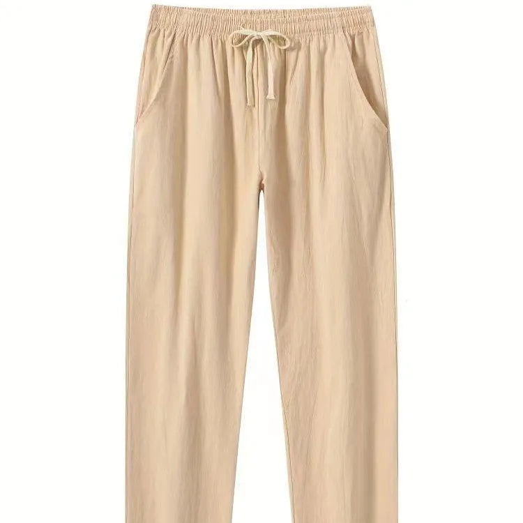 Men's cotton and linen beach pants in khaki, loose fit with drawstring waist, solid colour design