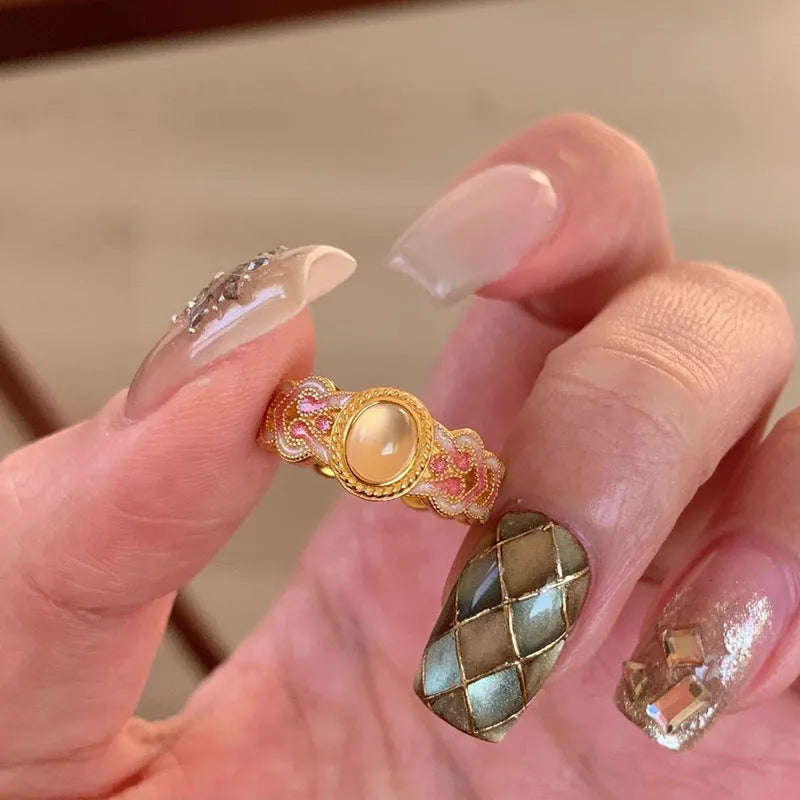 Pink crystal enamel ring with geometric shape and adjustable open mouth design for women