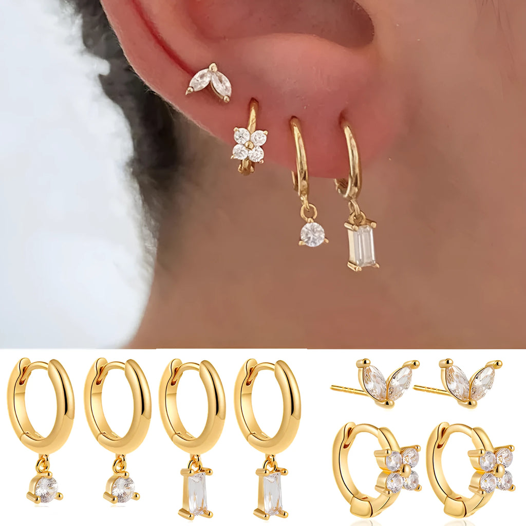 Copper electroplated geometric earrings set showing star, ellipse, ring and quadrilateral designs in gold or silver finish