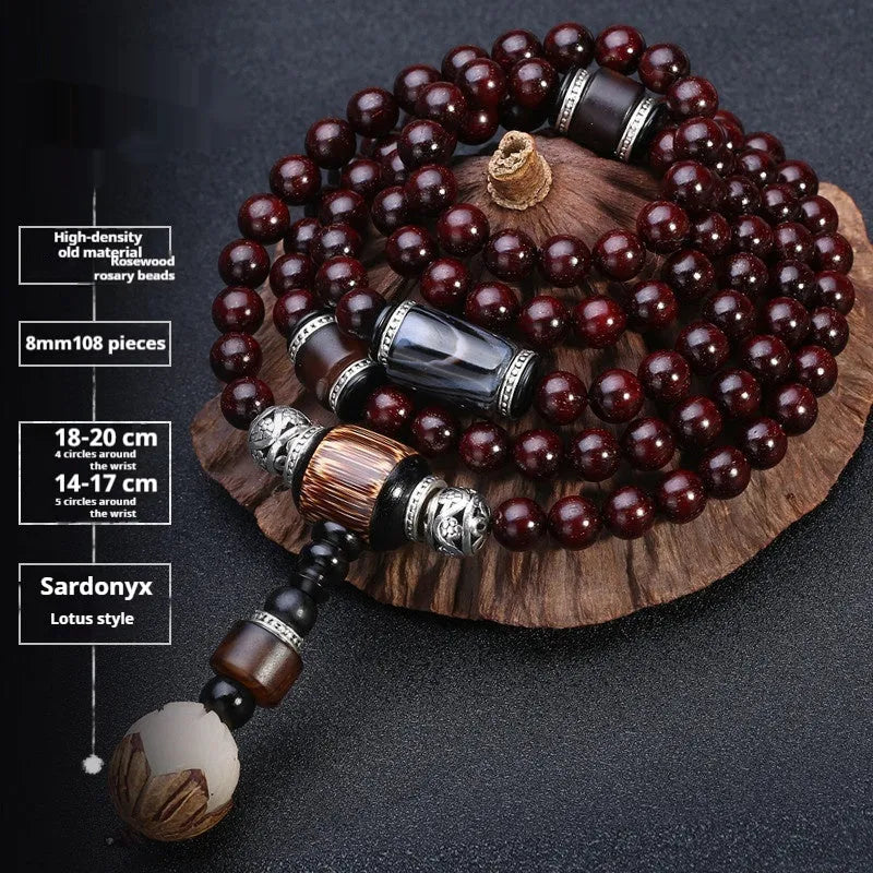 Men's rosewood bracelet with 108 beads, showing 6mm and 8mm size options alongside styles like lapis lazuli and turquoise.