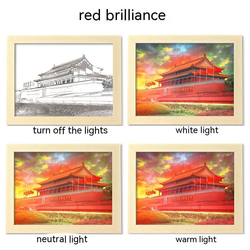 USB LED picture frame night lamp showing illuminated landscape artwork in modern plastic frame