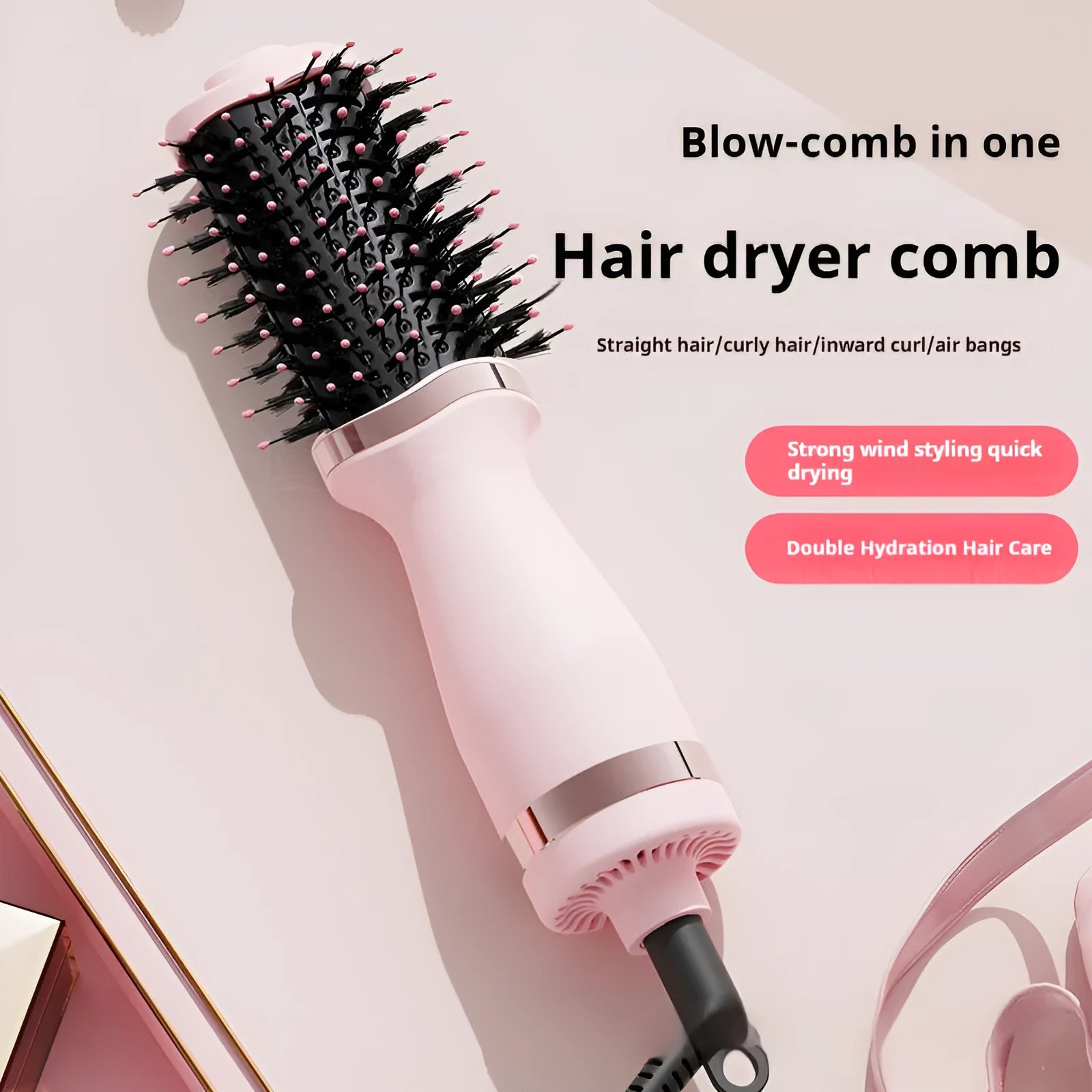 Pink multifunctional hair dryer with integrated comb and curling brush attachments