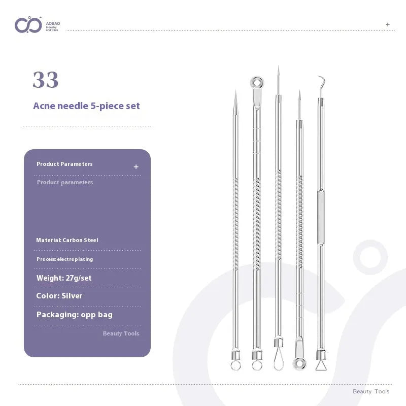Four-piece silver metal acne needle set with fine-pointed needles and a clip for skin blemish removal.