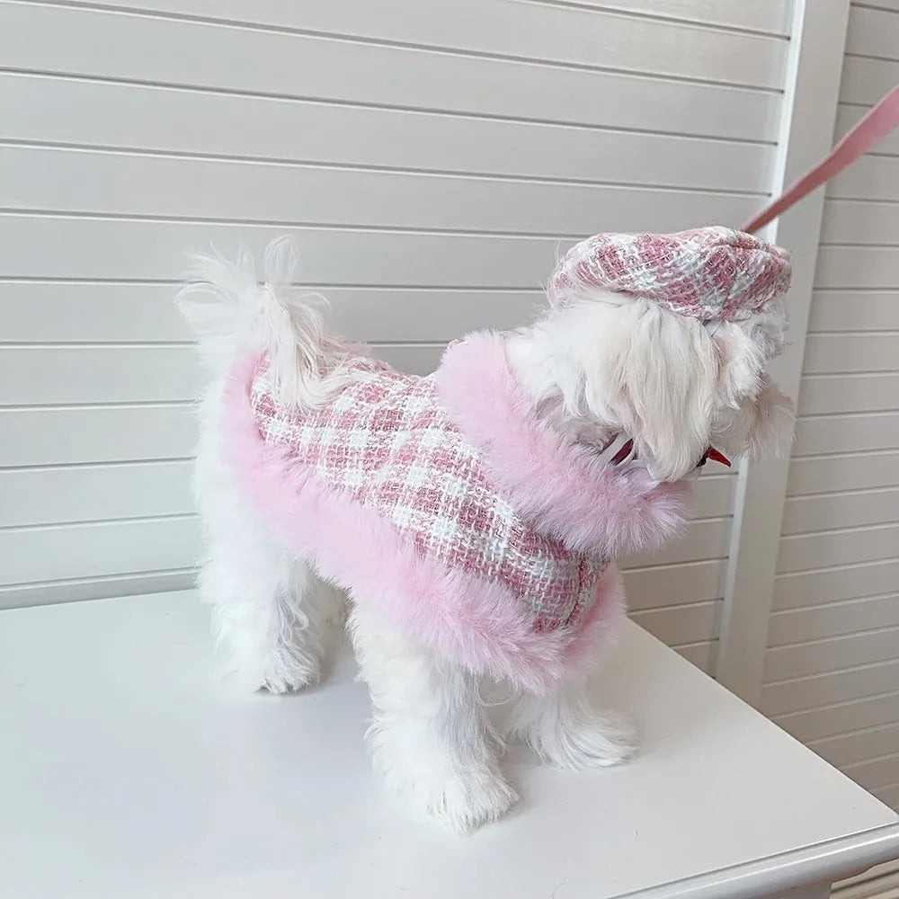 Pink cat costume with beret and cape featuring integrated hand-held lead for fancy dress events