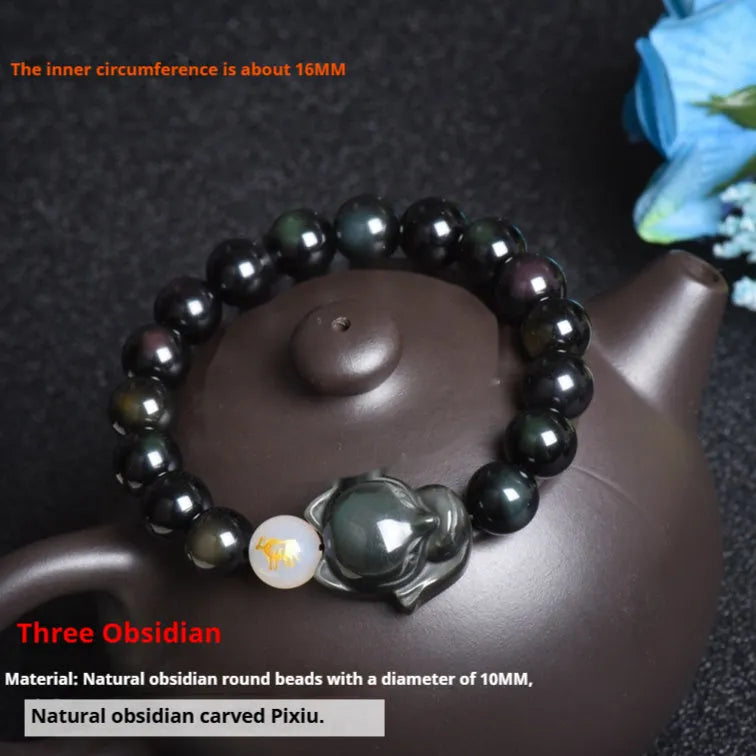 Natural obsidian zodiac bracelet in 10mm beads with national style design.