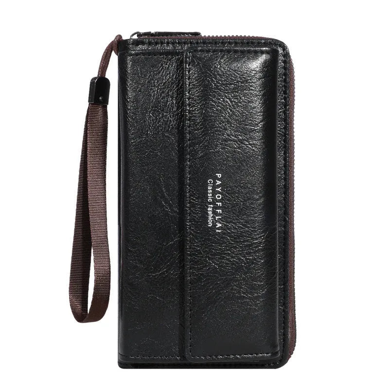 Men's black PU leather long wallet open showing multiple card slots and a zipped coin pocket.