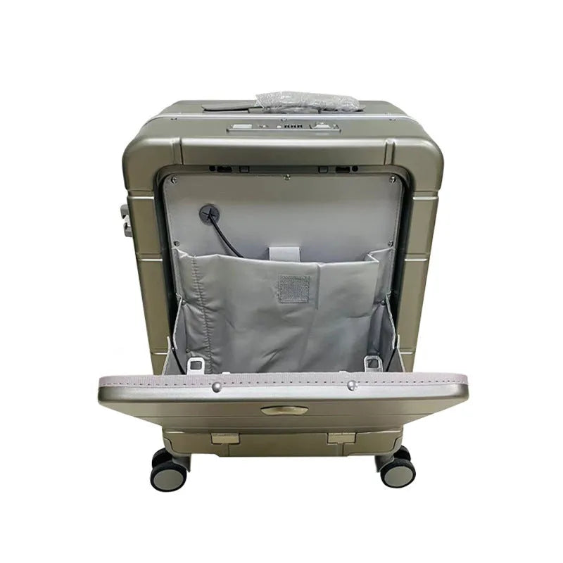 Front opening 20-inch suitcase in silver showing separate wet and dry compartments and a built-in cup holder.