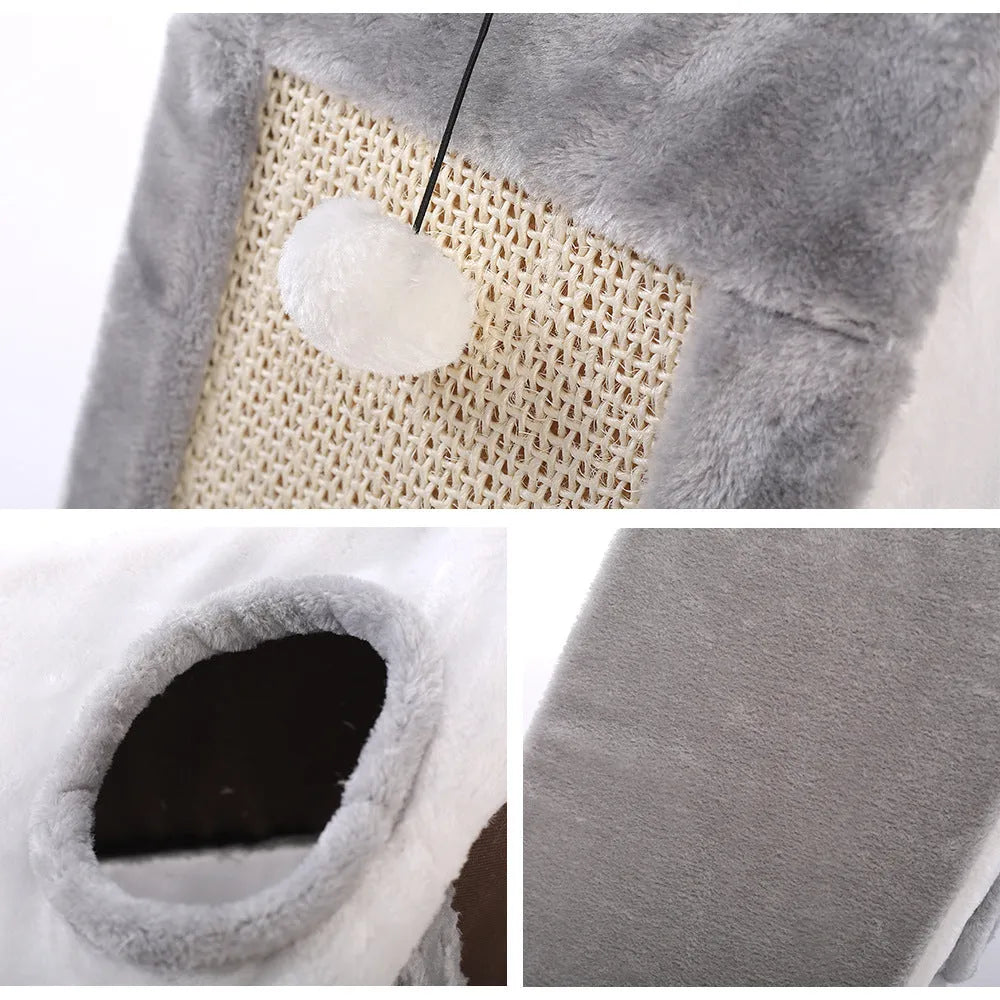 Grey and white triangle-shaped cat nest bed with an integrated sisal scratching post on the side.