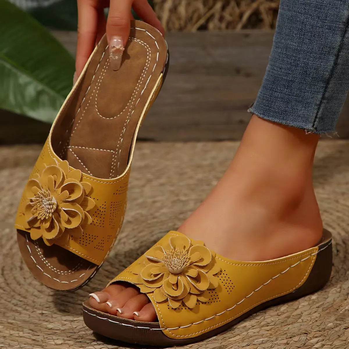 Women's dark brown peep-toe slippers with a fish mouth design and thick rubber sole on a white background.