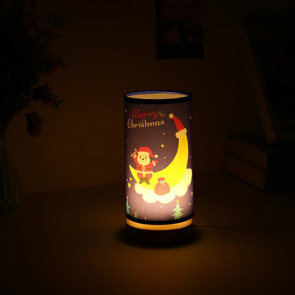 European-style Santa Claus LED night light with USB plug and bamboo base.