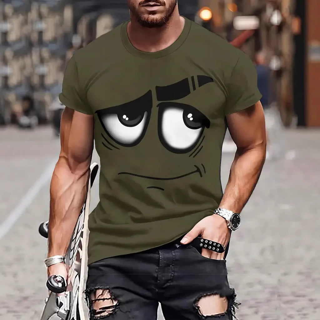 Casual loose anime digital printing short sleeve t-shirt pullover in dark blue front view