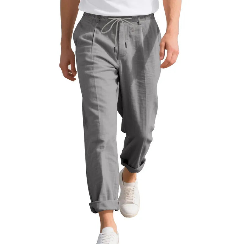 Men's linen trousers with drawstring waist in straight leg design showing army green colour option