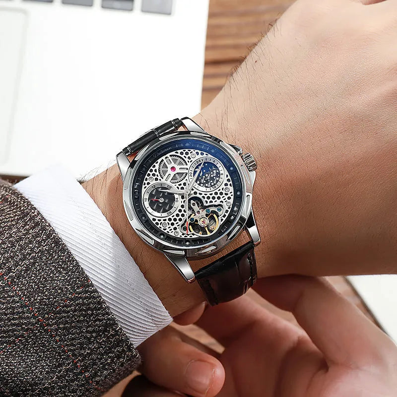 Men's automatic watch with luminous hands on steel bracelet, black dial, waterproof case