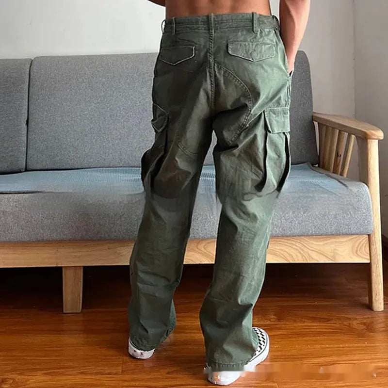 Men's large loose pockets wear-resistant washing paratrooper pants in Army Green cotton fabric