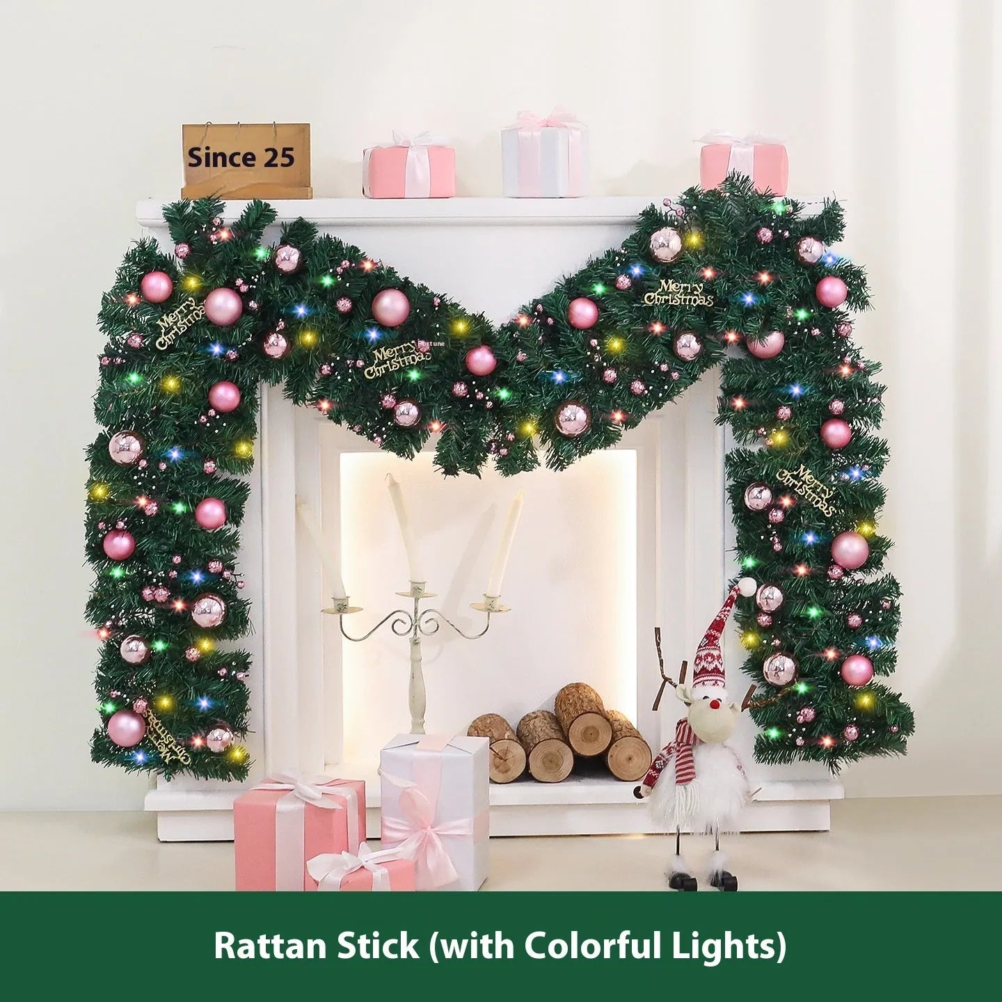 2.7 metre pink artificial rattan Christmas vine decoration with small fruit accents and LED lights