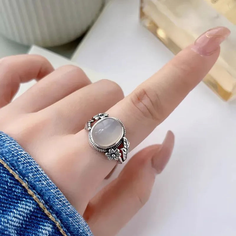 Adjustable copper ring with imitation white chalcedony stone and vintage styling