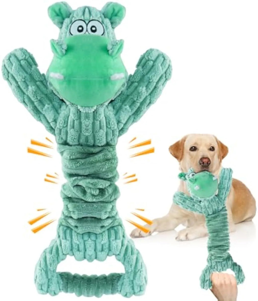 Large blue and green plush hippo dog toy with a handle, shown extended for tug of war