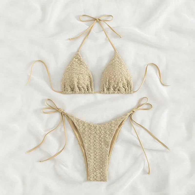 Women's high waist bikini set with lace-up top in khaki, blue, pink, or black colours