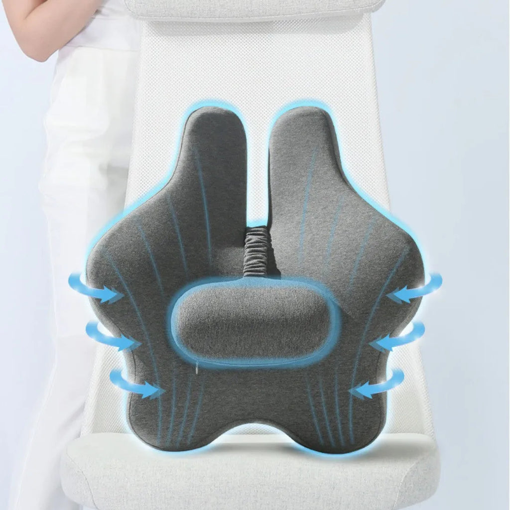 Memory foam car cushion with adjustable lumbar support in black colour on vehicle seat