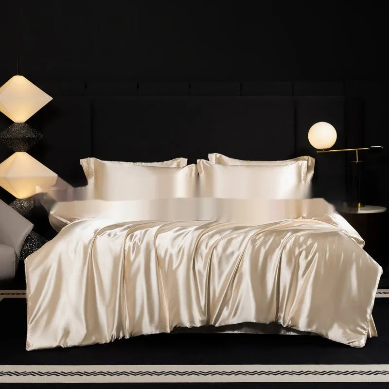 Silk bed sheet four-piece set in solid colours showing multiple size options for household bedding