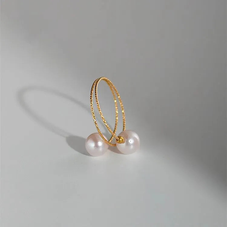 18K gold pearl elastic ring with Au750 purity, white pearl inlay, adjustable band