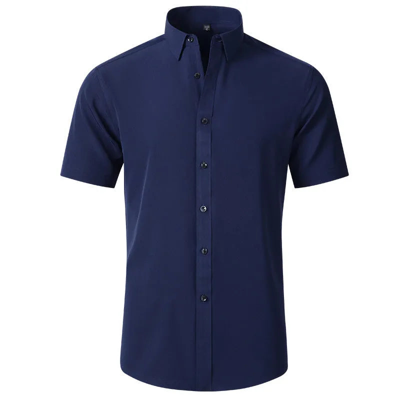 Korean slim-fit solid colour men's shirt in navy blue long sleeve non-iron chemical fibre blend casual shirt