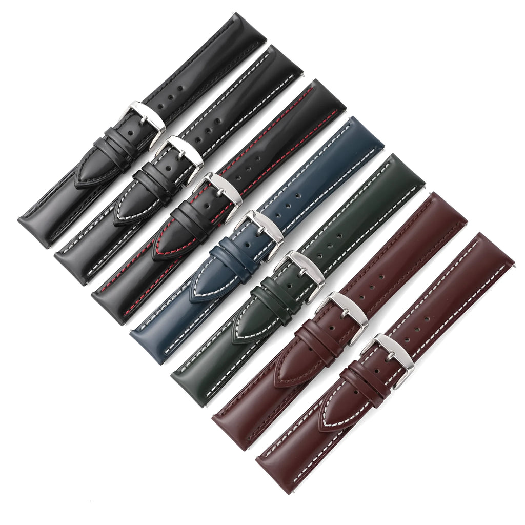 Quick release watch strap in cowhide leather showing buckle and multiple colour options including black, brown, and blue with white thread.