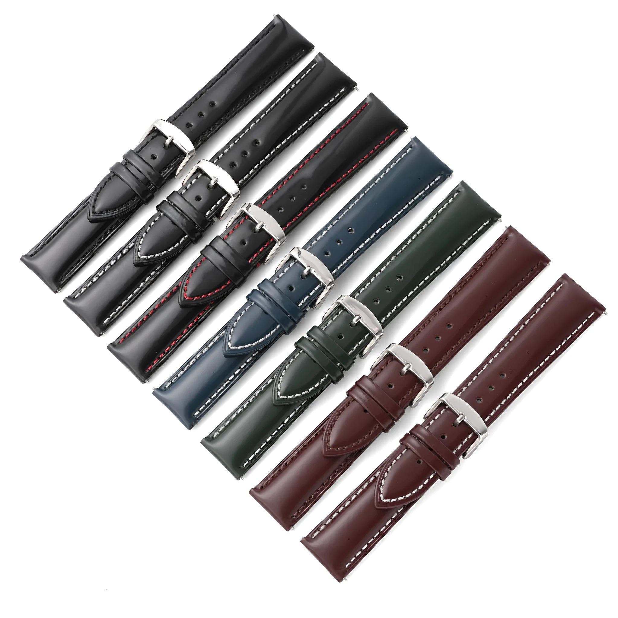 Quick release watch strap in cowhide leather showing buckle and multiple colour options including black, brown, and blue with white thread.
