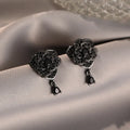 Black rose zircon flower stud earrings with 18K gold plating on copper construction