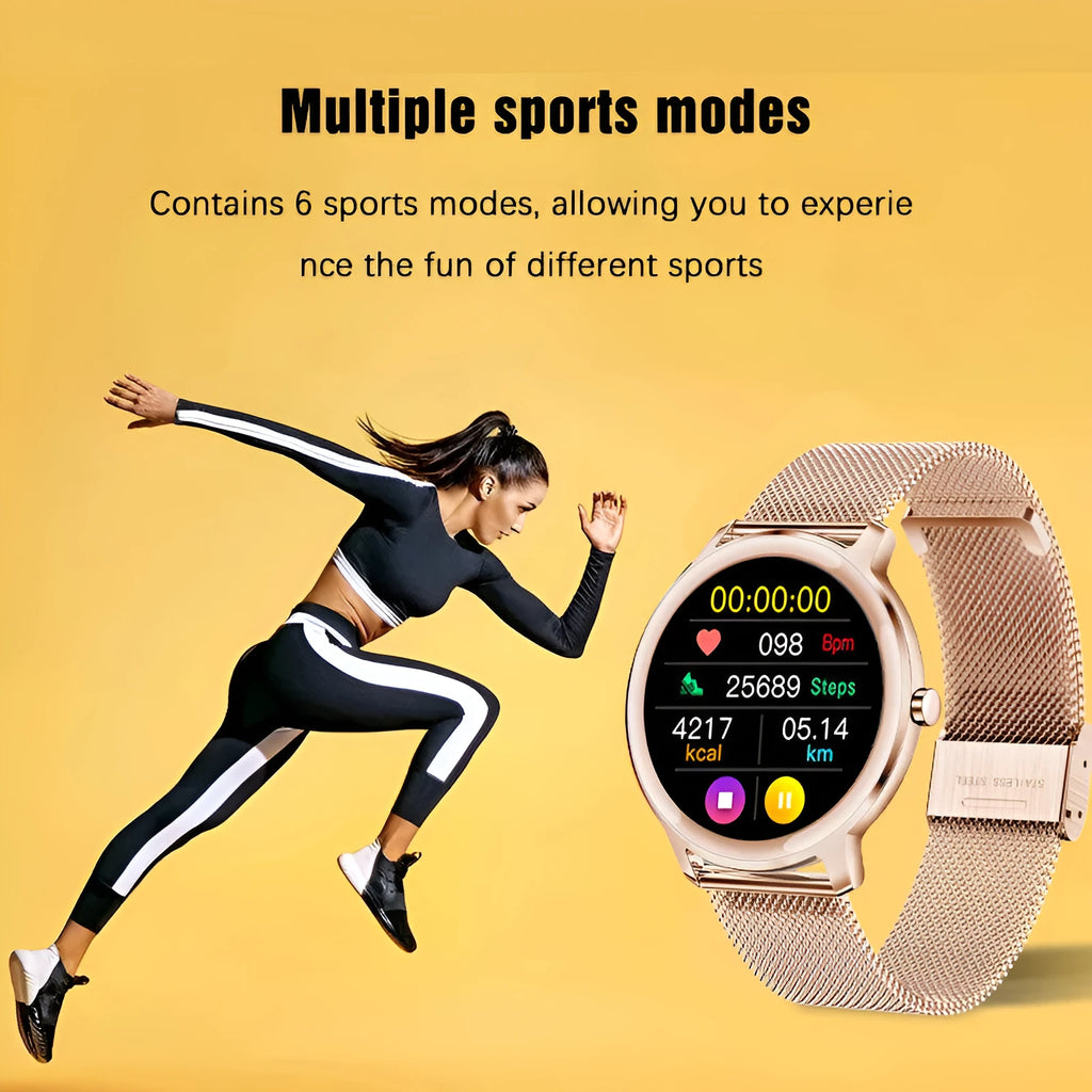 Women's silver smart watch with stainless steel mesh strap and 1.3 inch touch screen display