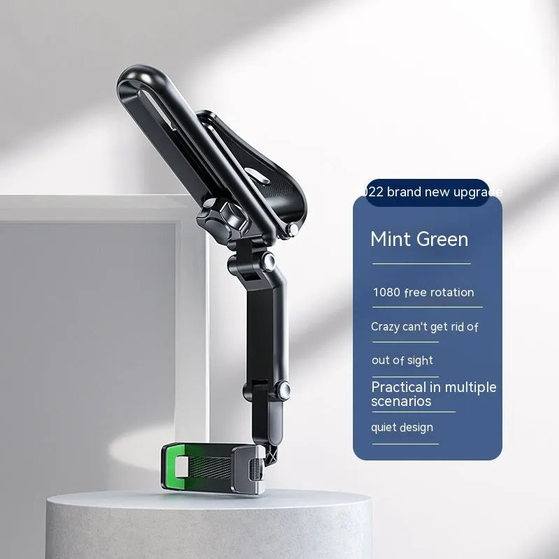 Black and green car mobile phone holder with clip-on mount and one-clip grip.