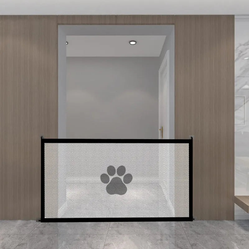 Folding pet barrier safety net with plastic rods showing dog footprint design in black or white colour options