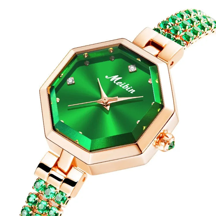 Octagonal women's watch with rose stone detailing, alloy jewellery buckle, 27mm dial, quartz movement