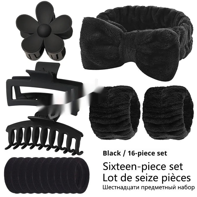 Bow-shaped washing face hair band with plaid pattern and wrist strap, assorted colours set of 16