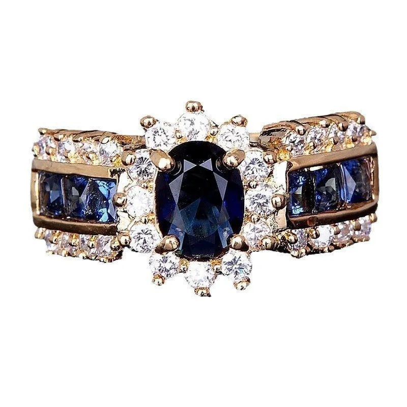 Fashion personalised zinc alloy ring with diamond treatment in sunflower blue or square zircon designs