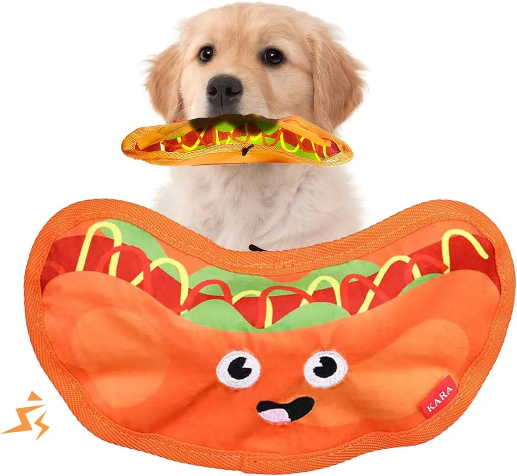 Colourful hamburger, fries, hot dog, and pizza shaped dog chew toys with crinkle and squeak features