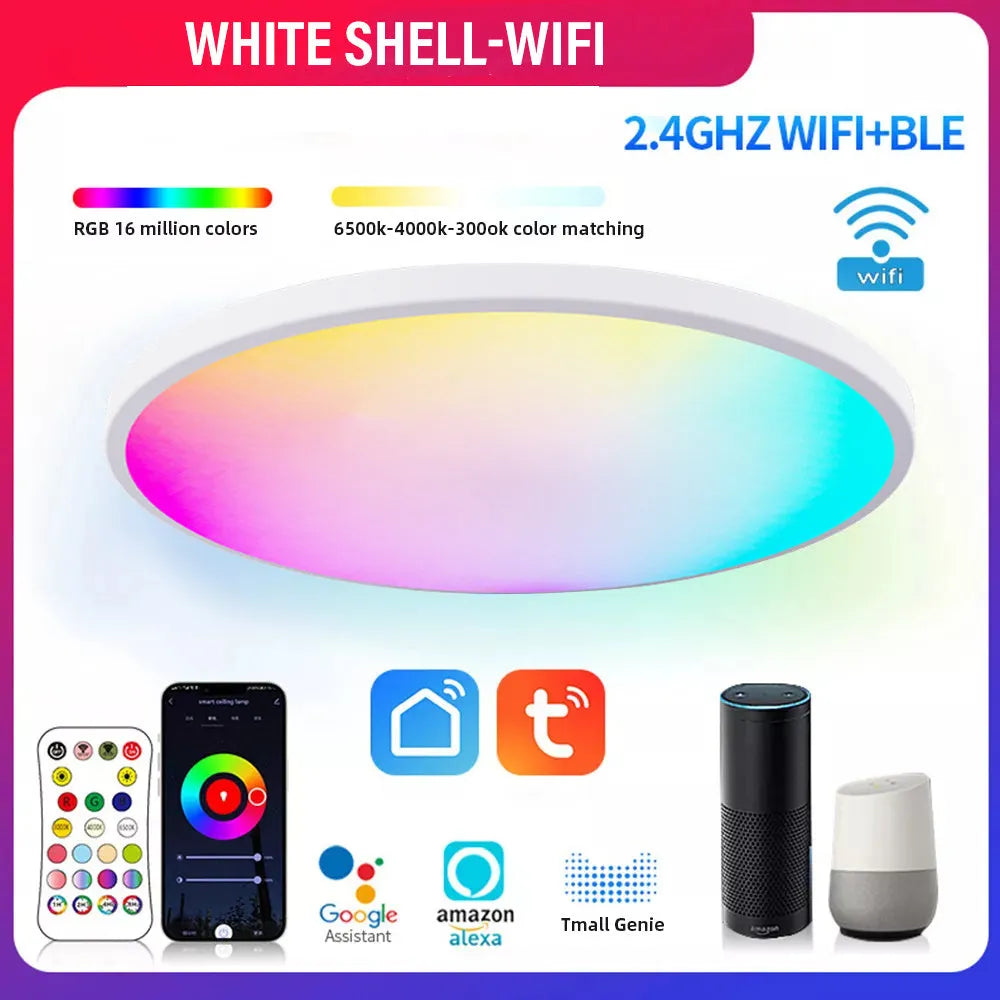 RGBCW intelligent bluetooth ceiling lamp in black or white finish, 300mm diameter, with app and remote control for colour and dimming
